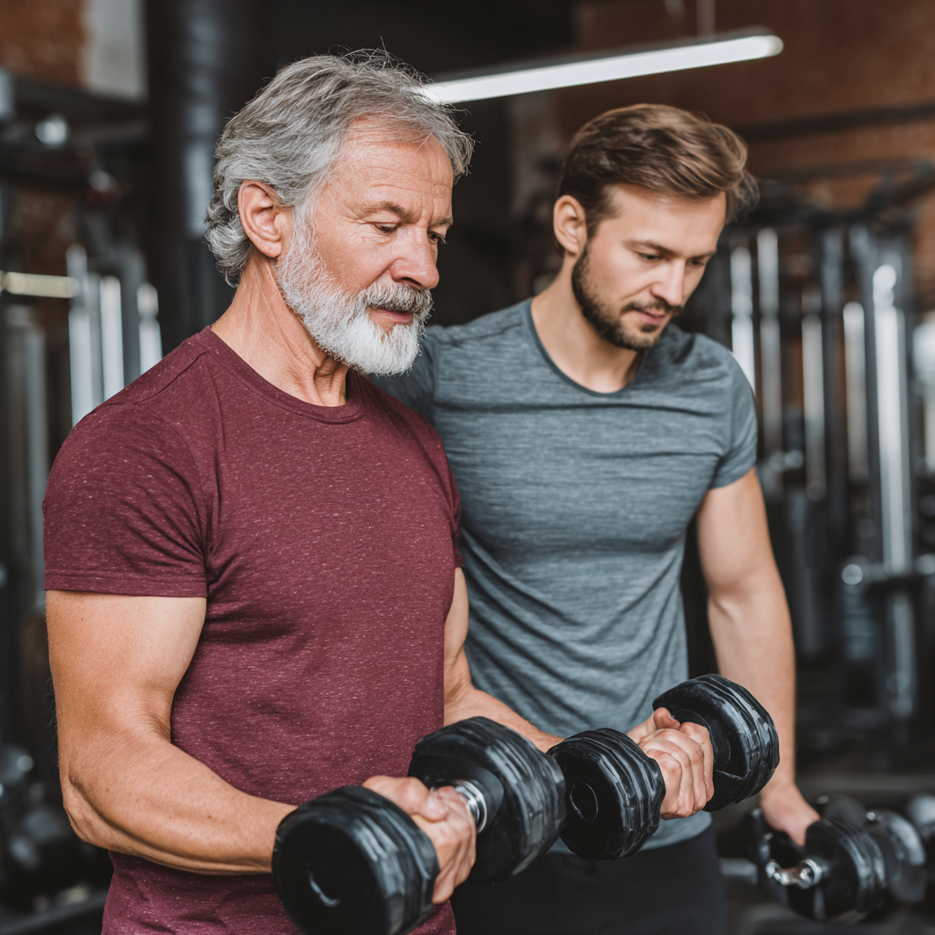Досвідчений чоловік 58 років тренується з персональним тренером в залі, показуючи правильну техніку виконання вправ з гантелями