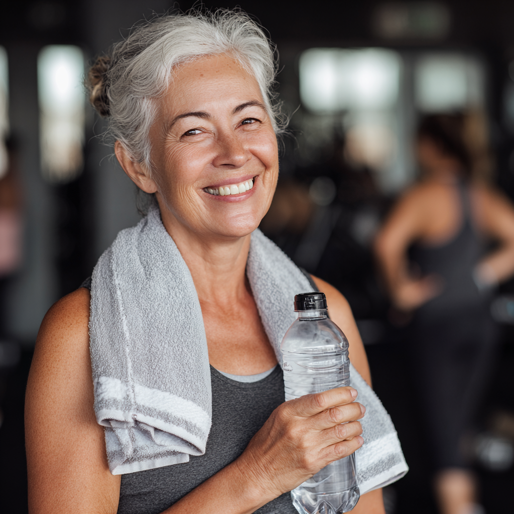 Усміхнена жінка 52 років після завершення групового тренування, тримає пляшку води та рушник, демонструючи задоволення від заняття